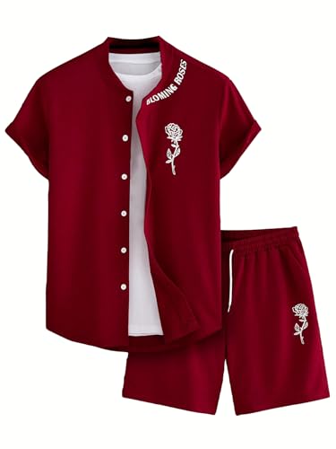 COZYEASE Men's 2 Pieces Floral Letter Graphic Print Button Front Short Sleeve Shirt Top and Shorts Set Burgundy Medium