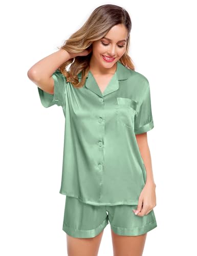 Image of LecGee Womens Silk Satin Pajamas Short Sleeve Loungewear Two-Piece Sleepwear Button-Down Pj Set
