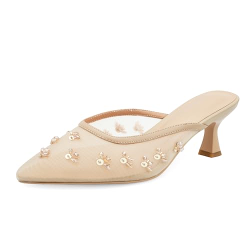 Image of Women Kitten Heel Mules Crystal Flower Decor Mesh Pointed Toe Low Heel Casual Pumps
