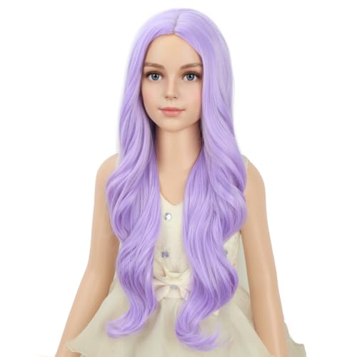 Image of PATTNIUM Purple Wig for Kids Girls Long Wavy Curly Purple Wigs Light Purple Child Lavender Synthetic Wigs with Wig Cap