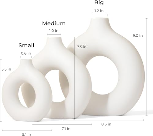 Image of Amazon Basics Hand Crafted Ceramic Donut Shaped Vase with Pampas Grass | for Unique Home Decor (Pack of 3), White