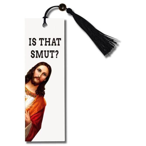 Bookmark Inscribed with Hilarious Text and Tassels for Book Lovers Peeking Jesus is that Smut?Funny Bookmarks for Adults Humor(Black)