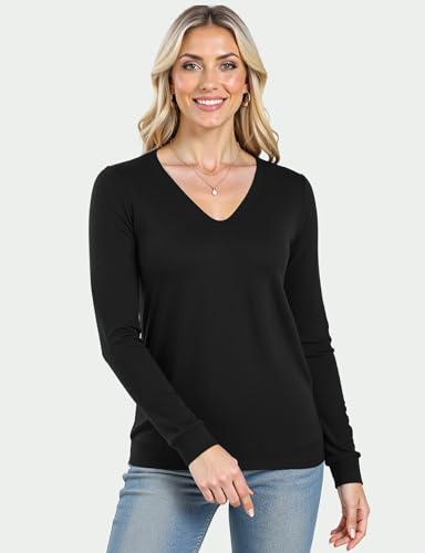Image of Long Sleeve Knit Lightweight Sweaters Pullover V Neck Basic Spring Fall Sweaters for Women Soft Casual Tops