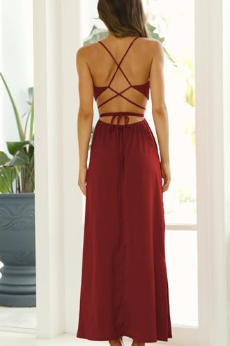 Image of Women's Satin Cowl Neck Backless Maxi Dress Sexy Tie Back Spaghetti Strap Ruched Wedding Guest Slit Long Dresses Wine