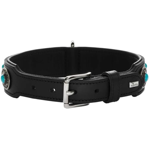 HUNTER SIOUX Hundehalsband, Leder, indianischer Stil, mit Schmucksteinen, 60 (M-L), schwarz