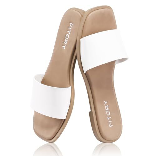 Image of FITORY Women's Slide Sandals Fashion Square Open Toe with Cushioned Footbed Slippers for Beach Size 6 White