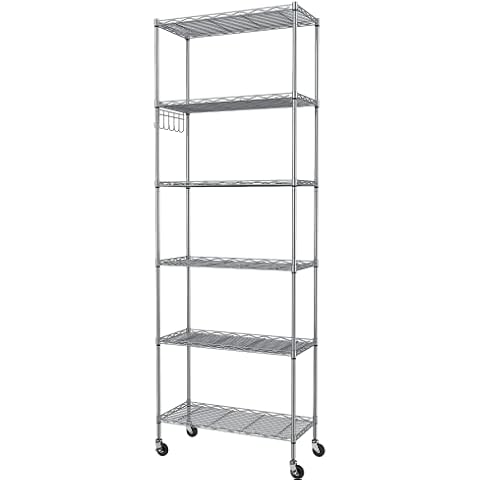 Homdox 6-Tier Storage Shelf Wire Shelving Unit Free Standing Rack Organization with Caster Wheels, Stainless Side Hooks, Silver Gray Cover