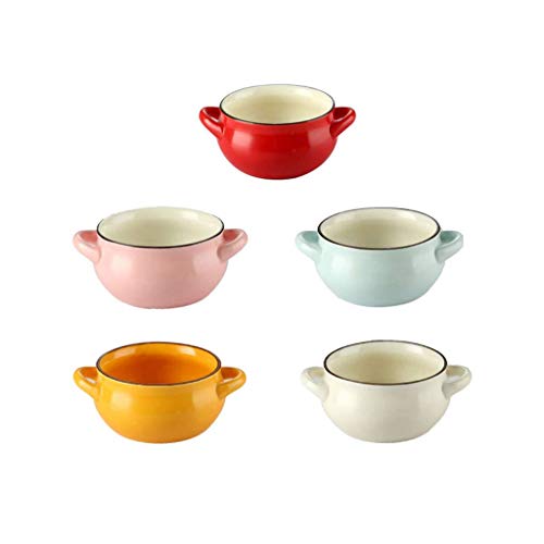JLWM Cuenco para Sopa con 2 Asas, Cuencos para Sopa Tazón De Porcelana Cerámico Horno Microonda Cocina Mini Pequeño para Desayuno Leche Fruta Ensalada Postre Horneando Color Liso-5 Piezas
