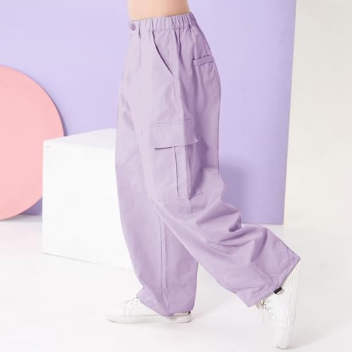 Image of Rolanko Girls Cargo Pants Wide Leg Streetwear Kids Pants with Pockets Trendy Jogger Trousers 4-14 Years