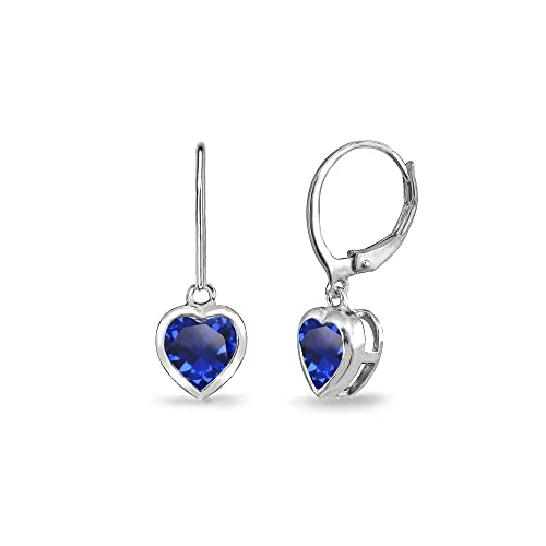 Birthstone Earrings for Women - 6mm Heart Bezel Solitaire Leverback Dangle Drop Silver Earrings With Genuine or Synthetic Gemstones