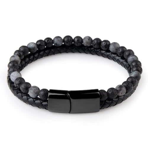 ZHJFCY Bracelet Fashion Men Jewelry Natural Stone Leather Bracelet Black Stainless Steel Magnetic Clasp Bead Bracelet Men