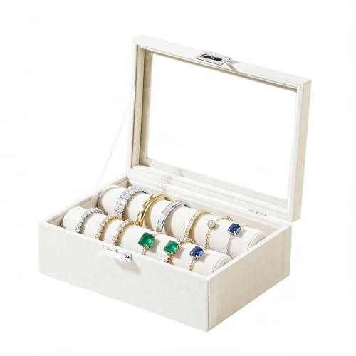 Gghenda Bracelet Display Holder with Clear Lid Jewelry Storage Organizer Box Case with Rods for Bangles Watches Women (Beige)