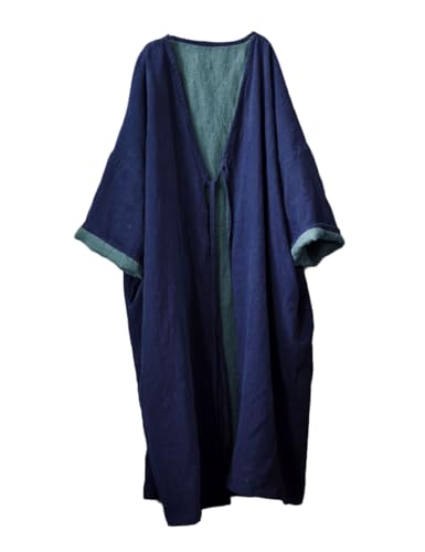 NFYM Women Fall Spring Loose Kimono Duster Tie Front Double Layer Cotton Linen Trench Jackt Coat Plus Size Outerwear