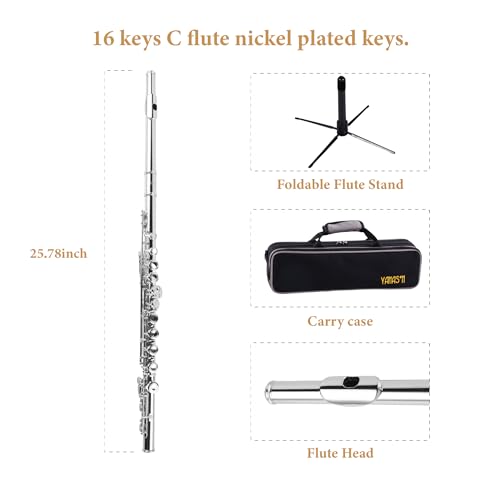 Image of YANASON C Flute Closed Hole 16 Keys Flute Nickel-Plated for Beginner, Kids, Student with Carrying case, Metal stand, Gloves, Tuning Rod, Cleaning kit