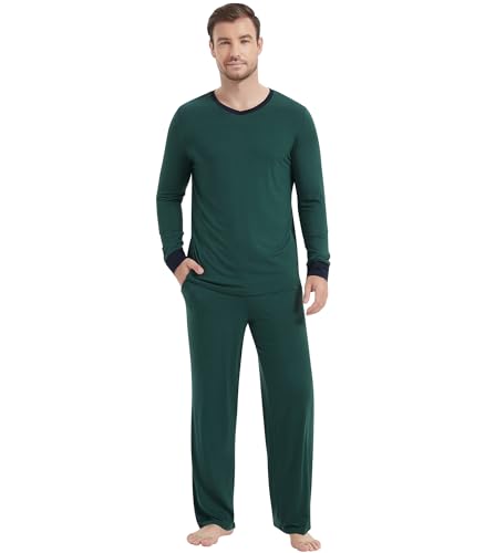 Image of NACHILA Pajamas for Men-Viscose Made from Bamboo, Long Sleeve Pajamas Set Comfy Sleepwear Pants Soft V Neck Pjs with Pockets