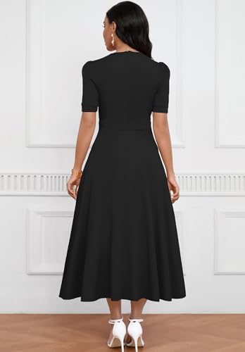 Image of MarryUP Women's Midi Dresses - V Neck Cocktail & Church Tea Dresses - Short Sleeve A-Line Swing Dress