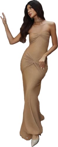 Image of LOUSEA Women's Bodycon mesh Sheer drerss Strapless Maxi Dress with Neckerchief Twisted sweetneck Cocktail Dress Party Dress