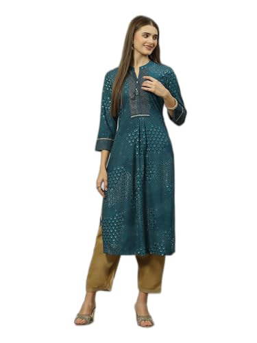 Image of Rangriti Teal Blue Viscose Straight Printed Kurta for Women
