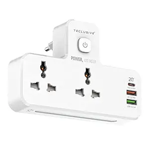 T Teclusive 2500W 10A Extension Power Strip with USB Ports | 2 Power Socket with 20W Type C USB PD QC 3.0 Fast USB Port | Multi Port Extension with USB Port and Touch Night Lamp