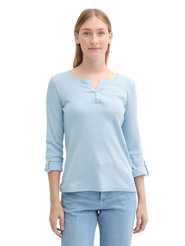 TOM TAILOR Damen Henley Longsleeve mit Streifen aus Bio-Baumwolle, 36483 - Light Fjord Blue White Stripe, XL – Ansicht 1