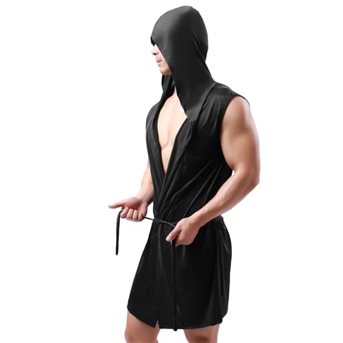 Men's Casual Robe Sleeveless Kimono Bathrobe Solid Color Sexy Long Coat Lightweight Comfy Open Front Pajama with Hood