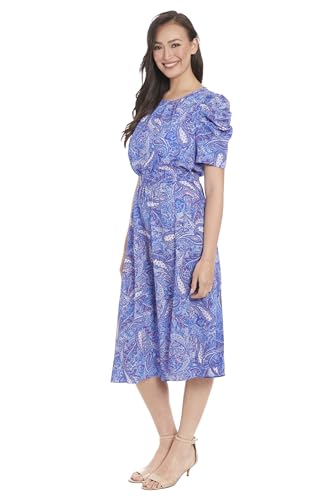 Image of London Times Women's Caterpillar Puff Sleeve Midi Dress - Gathered Waist A-Line Flowy Summer Dress