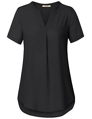 Timeson Chiffon Shirts for Women, Lady Office Tops V Neck Short Sleeve Curved Hem Loose Woven Shirt Black XX-Large