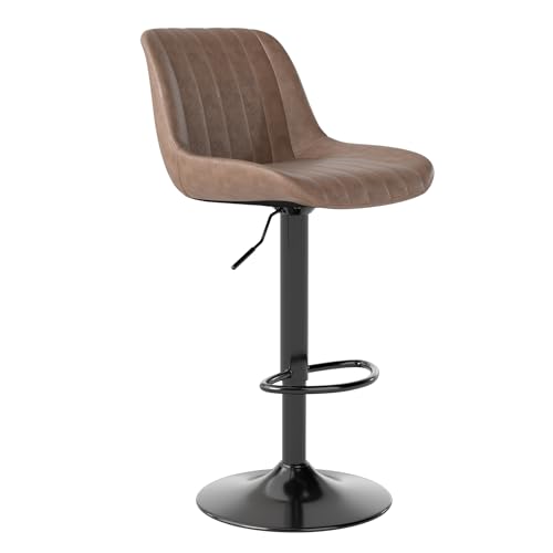 Image of Youhauchair Adjustable Faux Leather Bar Stools Set of 1, Brown1 | Swivel, Counter Height, Back & Footrest, Armless, PU, Modern, Kitchen Island Stool, Upholstered Dining Room Chair