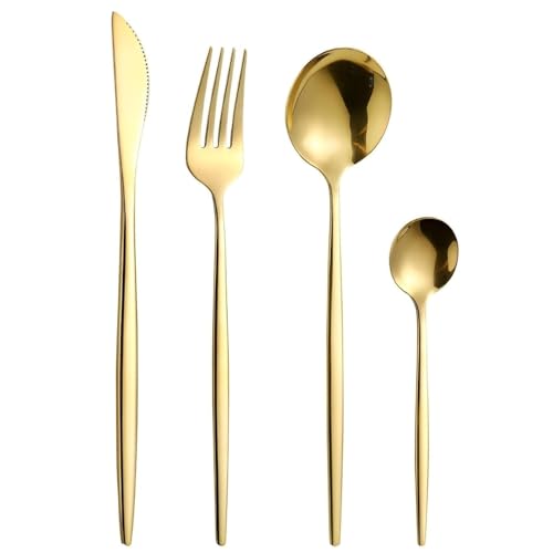 Image of 4 pcs Flatware Set, Gold Silverware Set for 1, Knife Fork Spoon, Stainless Steel Home Dinnerware Tableware,Mixed Cutlery Set Eating Utensils for Restaurants (4 Pcs Gold)