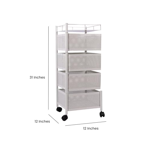 Image of KITCHIVO Kitchen Storage Rack | Revolving Vegetable Rack | Square Multipurpose Storage Trolley with Wheels | Metal Fruit Rack (White, 4 Layer)