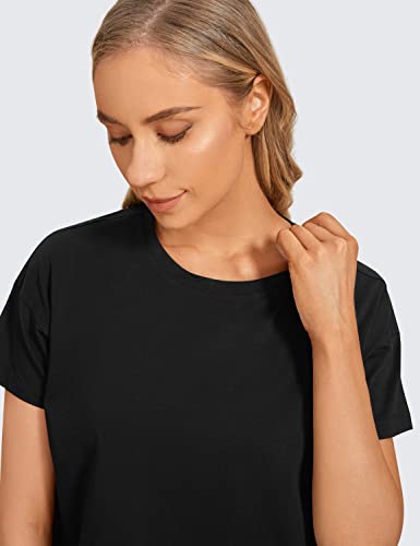 Crz Yoga Women's Pima Cotton Workout Short Sleeve Shirts Loose Crop Tops Athletic Gym Shirt Casual Cropped T-Shirt Black Small #TOP3