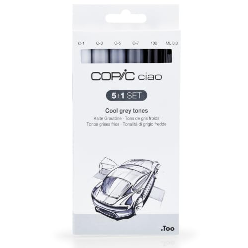 COPIC Ciao 5+1 Set « Cold Grey Tones », 5 marqueurs Twin avec une pointe moyenne et une pointe Brush, incl. Multiliner Black 0,3 mm