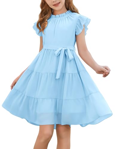Fashora Kleider Mädchen Rundhal Ausschnitt Rüschenärmel Sommerkleid Kinder Festliche Partykleider Hoher Taille A-Linie Casual Midikleid Elegante Taufkleider Prinzessin mit Gürtel (Himmelblau, L)
