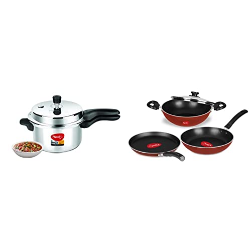 Image of Pigeon by Stovekraft INOX Stainless Steel Pressure Cooker 5L + Basics Induction Base Non-Stick Aluminium Cookware Set, Terracotta Brown