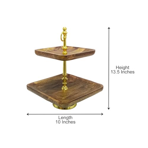 Image of 2-Tier Wooden Dessert Stand with Gold Metal Frame - Elegant Square Tray Display for Cakes, Cupcakes, Pastries - Perfect for Parties, Weddings