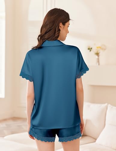 Image of Ekouaer Womens Lace Satin Pajama Set Button Down Pj Shorts Set Bridesmaids Getting Ready Outfits Casual Sleepwear XS-XXL