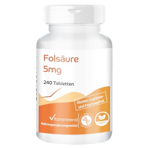 Vitamintrend Folsäure 5mg 240 Tabletten schluckfreundlich hochdosiert Nahrungsergänzungsmittel vegan ohne Magnesiumstearat in Deutschland hergestellt