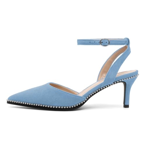 Image of SAMMITOP Kitten Heels for Women Low Heel Closed Toe Ankle Strap Pumps Wedding Party Beaded Dress Shoes 2.4 Inch