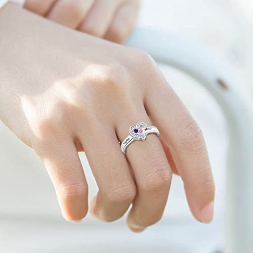 Personalized 2 Birthstones Rings Silver Heart Custom Engraved Name Ring Wedding Family Christmas Mother Days Birthday Anniversary Jewelry (2 stones)2