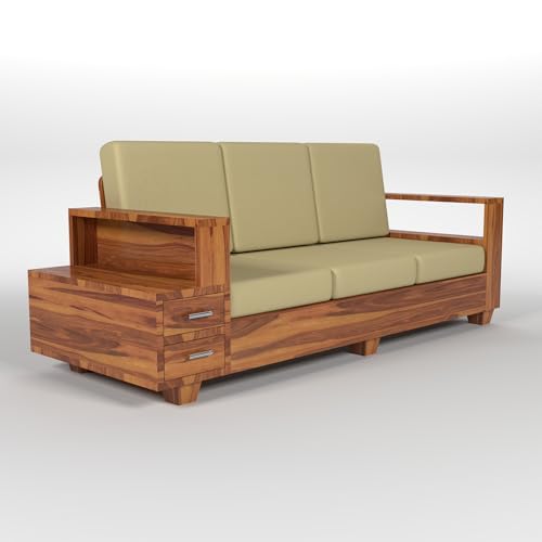 Image of Solid Sheesham Wood 5 Seater Sofa Set | Five Person Sofa with Drawer Storage | 3+1+1 Wooden 5 Seater Sofa Set for Living Room Home Decor (Design 26)