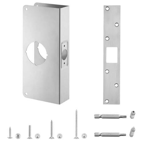 U 9551 Stainless Steel Lock and Door Reinforcement Plate for 1-3/4 inch Thick Doors, and Includes an Extra-Long Door Strike Plate (1-7/20 inches x 7-7/8 inches).