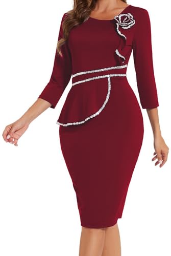 Image of Work Dresses for Women Formal Long Sleeve Wear to Work Office Business Church Dress Elegant Party Midi Pencil Dresses,866Burgundy XX-Large