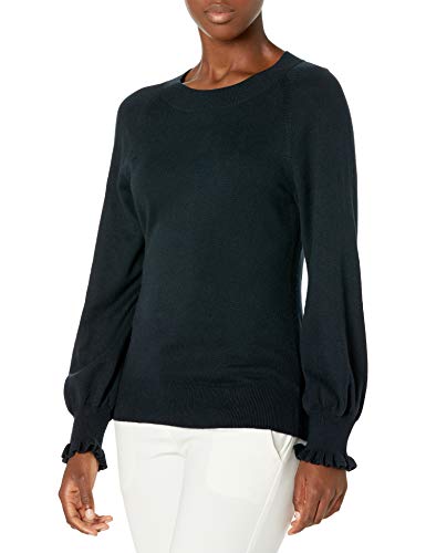 Amazon Brand - Lark & Ro Premium Mid-Weight Blend Long Sleeve Crew Neck Sweater with Ruffle Detail, BLACK, Small