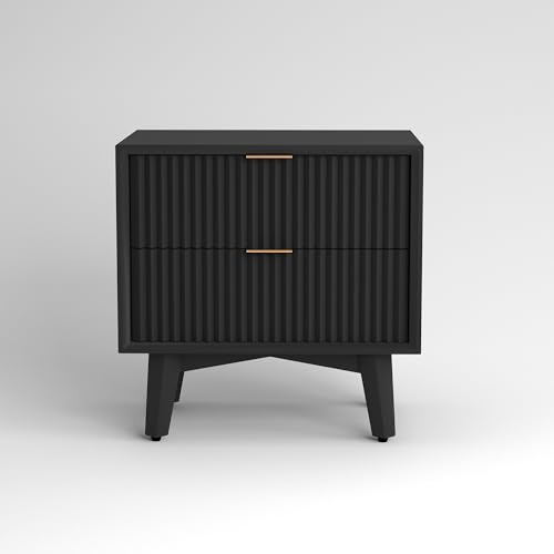 Image of ONIJA Wooden Bedside Table for Bedroom | Wooden Bed Side Nightstand Lamp Table with 2 Drawers & Open Shelf Storage for Home & Hotels | HDMR Premium Wood (Black)