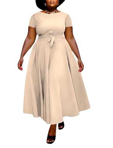 Image of Hostoyo Women Plus Size Formal A Line Maxi Dress Self Tie Waist with Pockets Elegant Round Neck Swing Long Dresses
