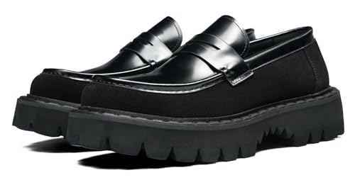 Santimon Men's Slip-On Chunky Penny Loafers Dress Casual Platform Shoes - Glossy Genuine Leather Mocasines for Formal Business Prom Wedding
