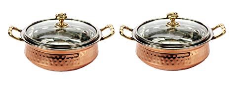 YADAV HANDICRAFTS Dual Wall Hammered Steel Copper Serving Casseroles Tureens Donga Serveware and Tableware Bowl for Food Soup with Handle and Glass Lid Capacity 2000 ML Pack of 2 Pcs