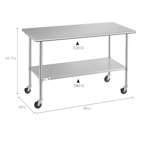 Image of ROCKPOINT Stainless Steel Table for Prep & Work with Caster Wheels 30x60 Inches, NSF Metal Commercial Kitchen Heavy Duty Table with Adjustable Under Shelf and Table Foot for Restaurant, Home and Hotel