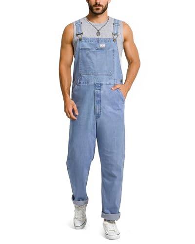 HISEA Flex Denim Bib Overalls for Men Blue Jean Fashion Casual Overalls Relaxed fit Utility Workwear with Pockets