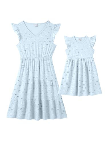 IFFEI Mommy and Me Matching Dresses Womens Eyelet Lace Ruffle Sleeve Midi Sundress for Casual Holiday Outfits